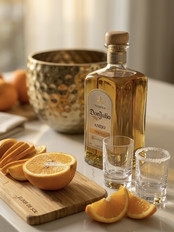 Бутилка текила Don Julio с нарязани портокали — премиум детайл